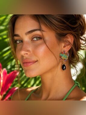 Frog Green Stone Earrings Vintage Style Rhinestone Dangle Jewelry Tropical NEW